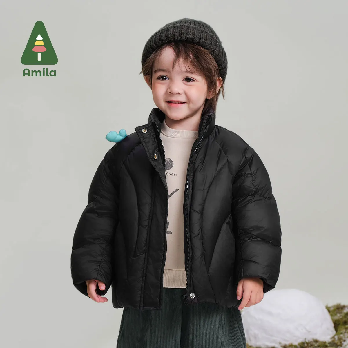 Amila Baby Down Jacket 2024 Winter New Style Boys And Girls Solid Color Warm Soft White Duck Down Loose Casual Children\'s Jacket