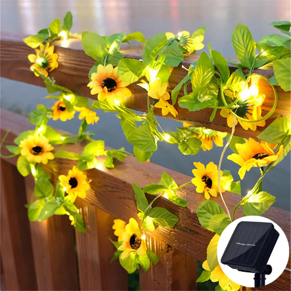 2/5/10M Solar Sunflower Light String Outdoor Fairy Lamp 8 Mode Artificial Plant Leaf for Wedding Camping Garden Fence Decoration view 3