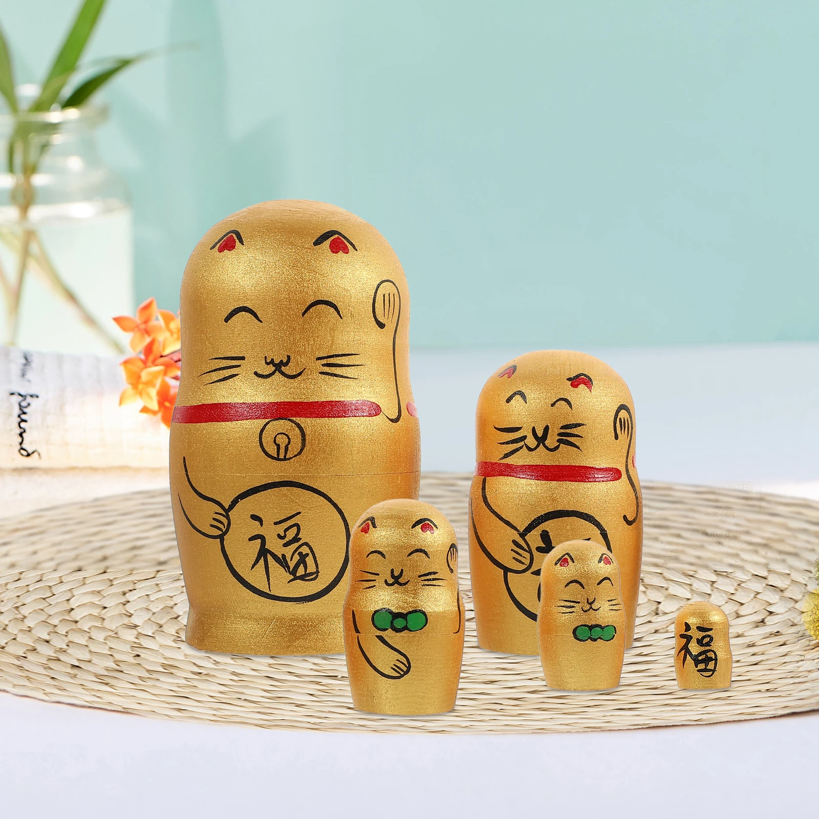 

Lucky Cat Gift Russian Matryoshka Nesting Toy Wood Cute Figurines Toys