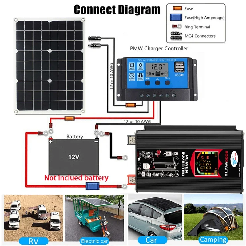 스마트 LCD 디스플레이 태양광 발전 시스템, 6000W 전력 인버터, 듀얼 USB, 12V ~ 110 V, 220V, 30A 태양광 컨트롤러 세트