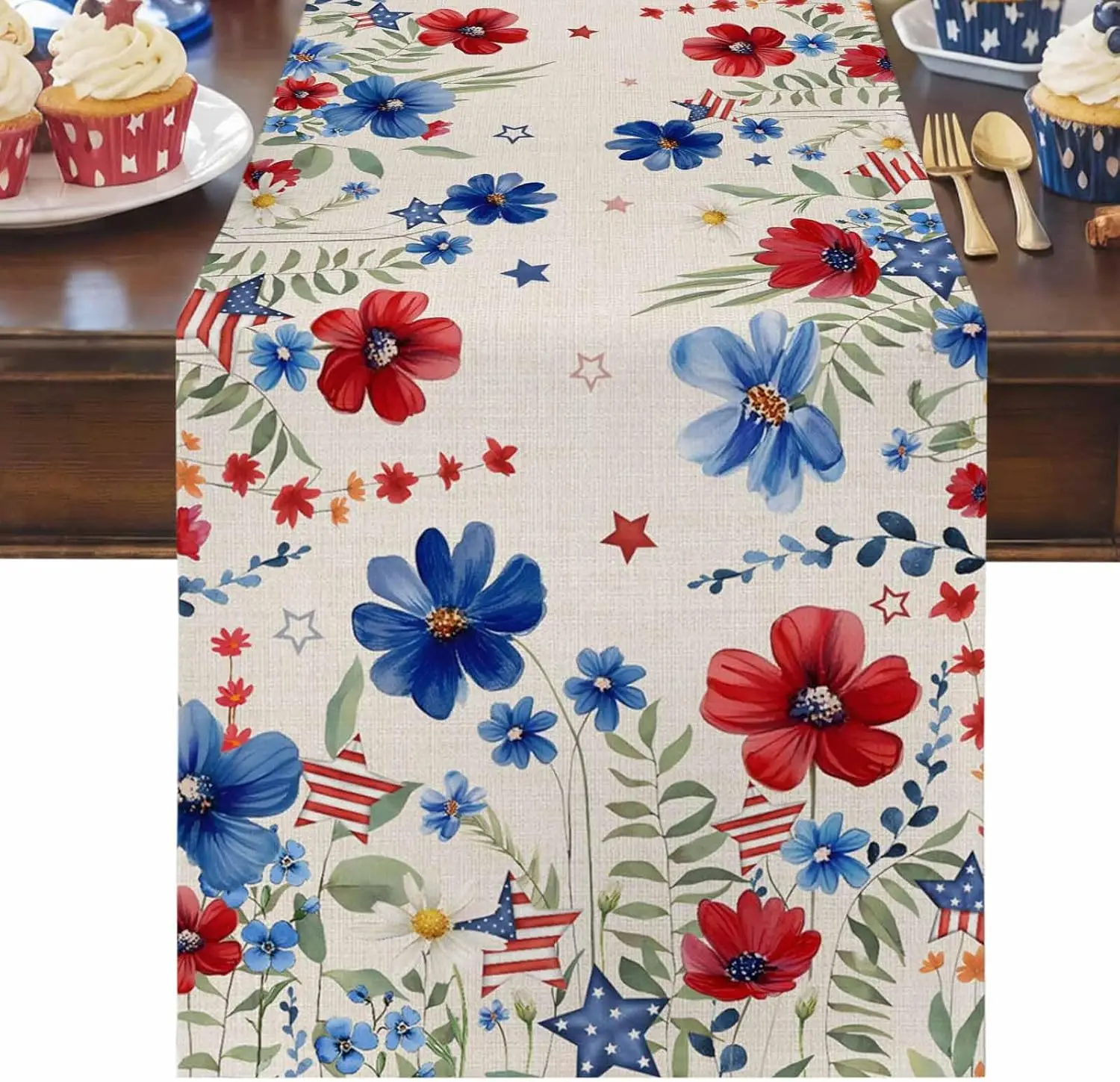Independence Day American Flag Flower Linen Table Runner Home Table Decor Reusable Kitchen Dining Table Runner Party Decor