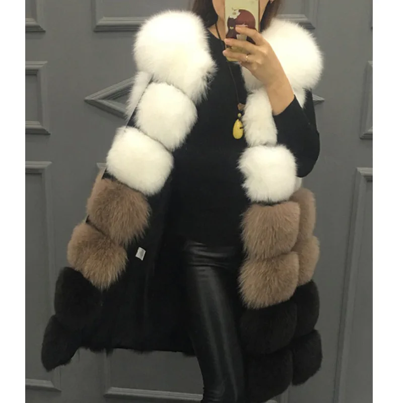 

Color Blocked Winter Women Faux Fur Coat Stylish Round Necck Plaid Sleeveless Eco Fur Jacket For Female Long Warm Lady Fur Coat