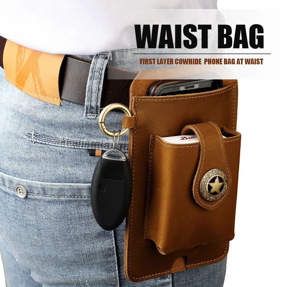

Retro leather men's waist bag wear belt waist buckle key hook simple waist bag business men's bag