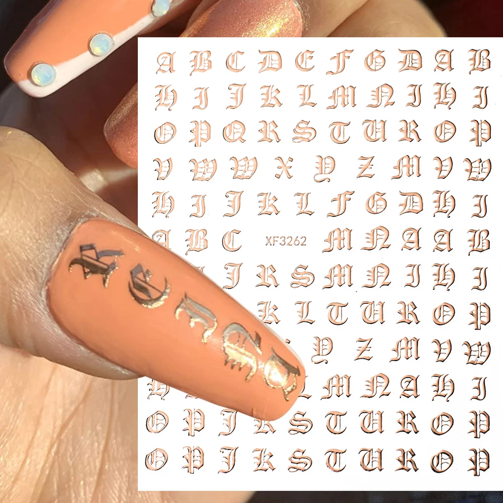 

1Pcs 3D Holographic Gothic Letter Nail Art Stickers Gold Silver Alphabet Design Adhesive Slider English Word Bronzing Decal