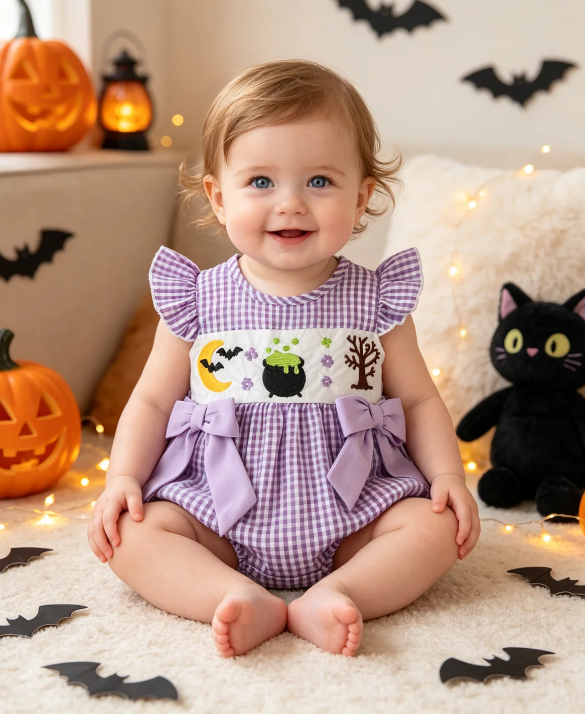 Baby Girl Halloween Purple Plaid Ruffle Romper Witch Cat Pumpkin Ghost Embroidery Bow Sleeveless Infant Party Bodysuit