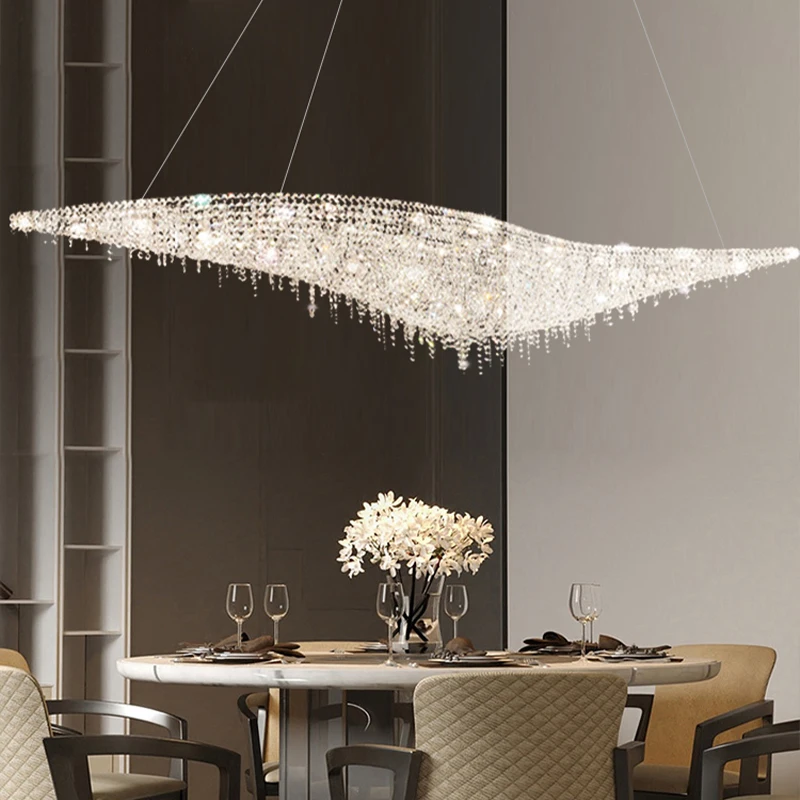 

Post modern led round long chrome k9 crystal chandelier, lustre dining room recessed decorative lighting ceiling light fixtures.