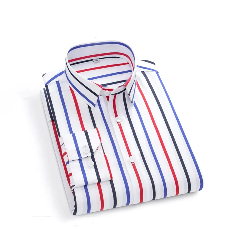 

2024 Spring and Autumn Minimalist Business Casual Polo Collar Colored Vertical Stripe Non Iron Wrinkle Resistant Shirt for Men