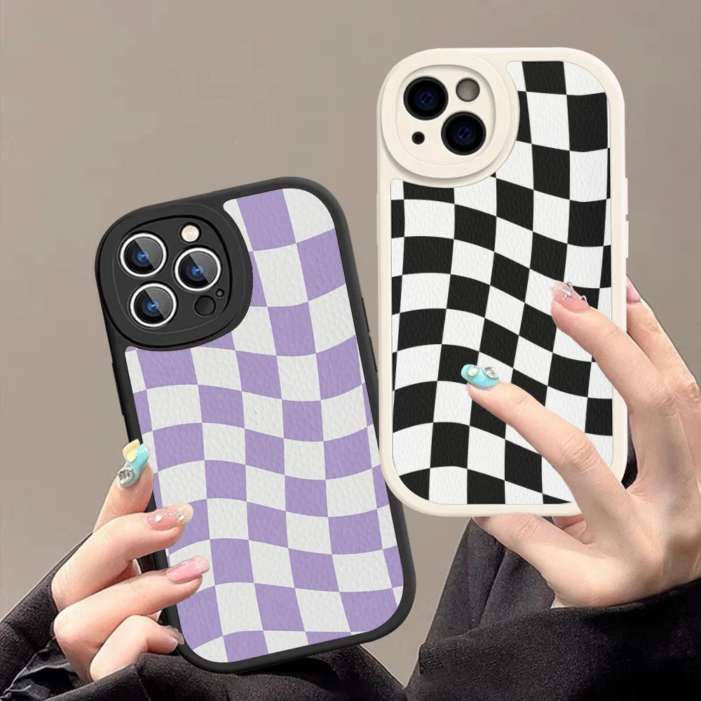 Twisted Checkerboard Phone Case Hard Leather For iPhone 16 15 14 13 12 Mini 11 14 Pro Max Xs X Xr 7 8 Plus Fundas