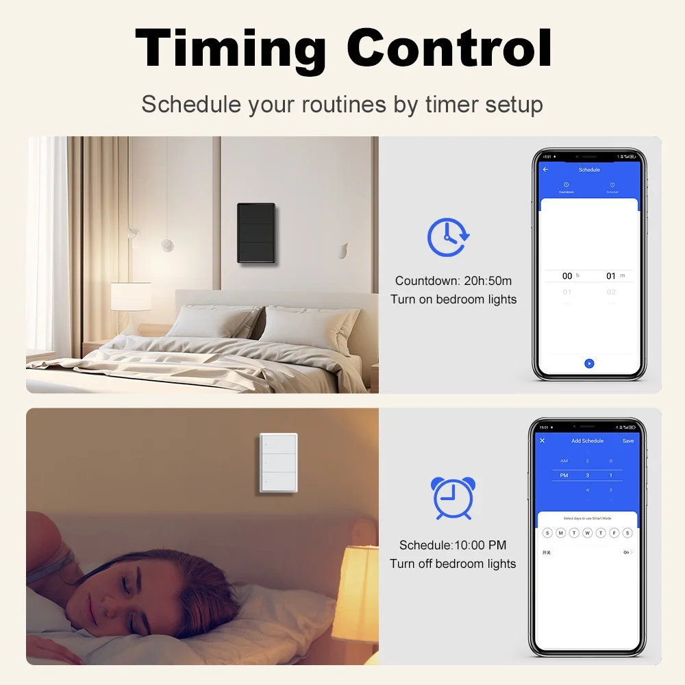 Manhot ZigBee US Smart Light Switch 1-4 Gang Push Button Wall Switch No Neutral Wire Required Work With Tuya  Alexa Google Home image 5