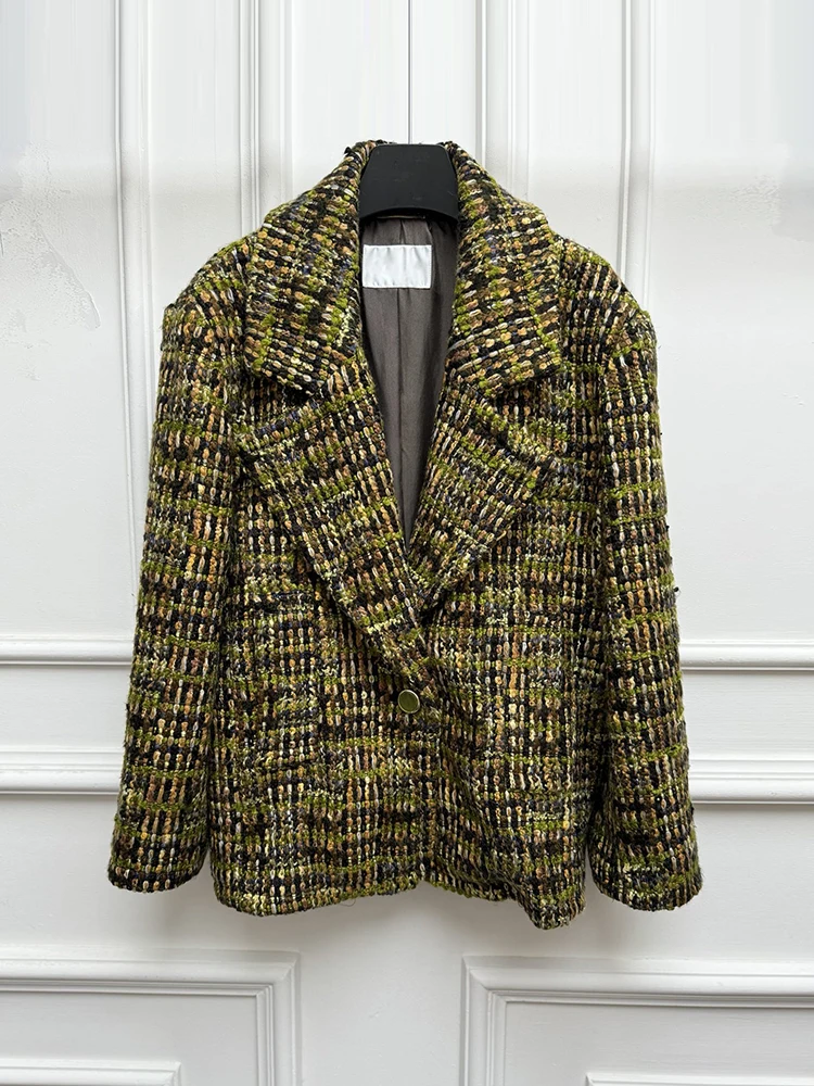 Spring Autumn Fashion Office Lady Vintage Coarse Wool Fabric Suits Jacket Women's Ulster Collar Straight Barrel Long Sleeve Coat