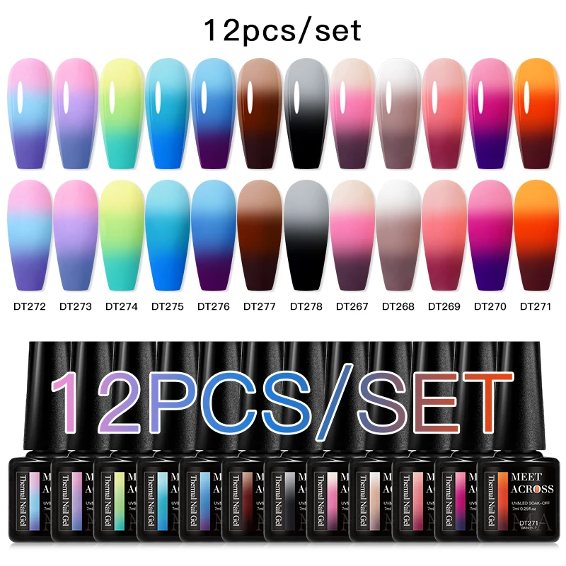 MEET ACROSS 12PCS/Set 7ml Thermal Gel Nail Polish 3 Colors Changing Soak Off UV Gel Semi Permanant For Manicure Nail Art Kits