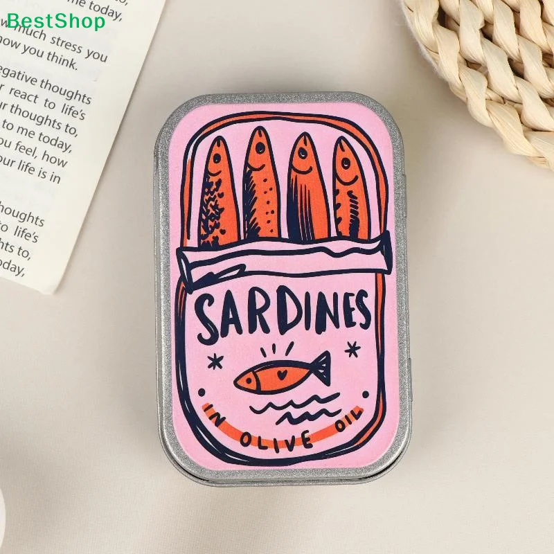 〔Z〕Portable Sardine Graphic Metal Tin Box, Hinged Mini Rectangular Storage Container for Trinkets Jewelry & Small Items