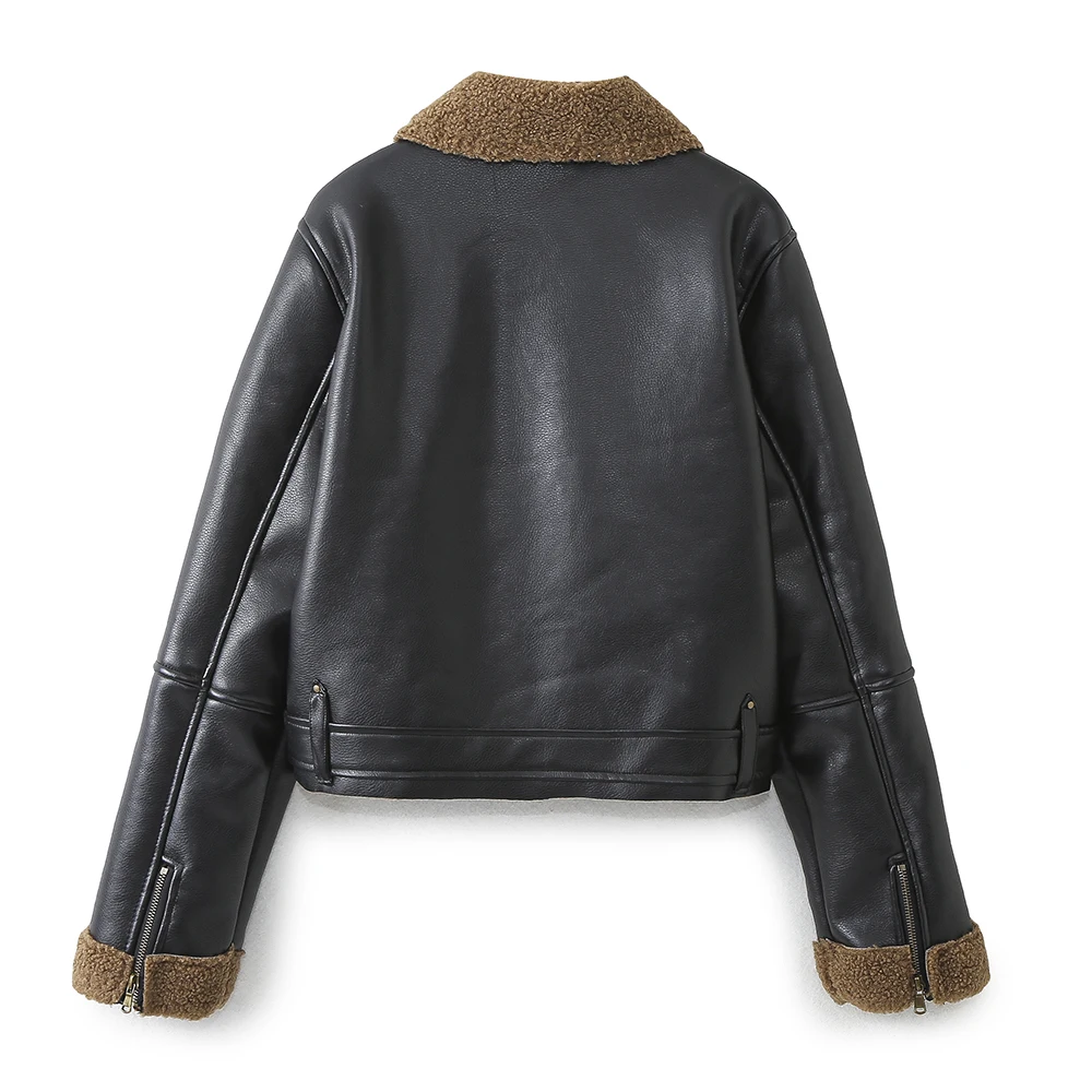

ZBZA Autumn New Women's Faion Velvet Lined Motorcycle Sle Jaet Versatile Flip Collar Polyester Fiber ort Outerwear
