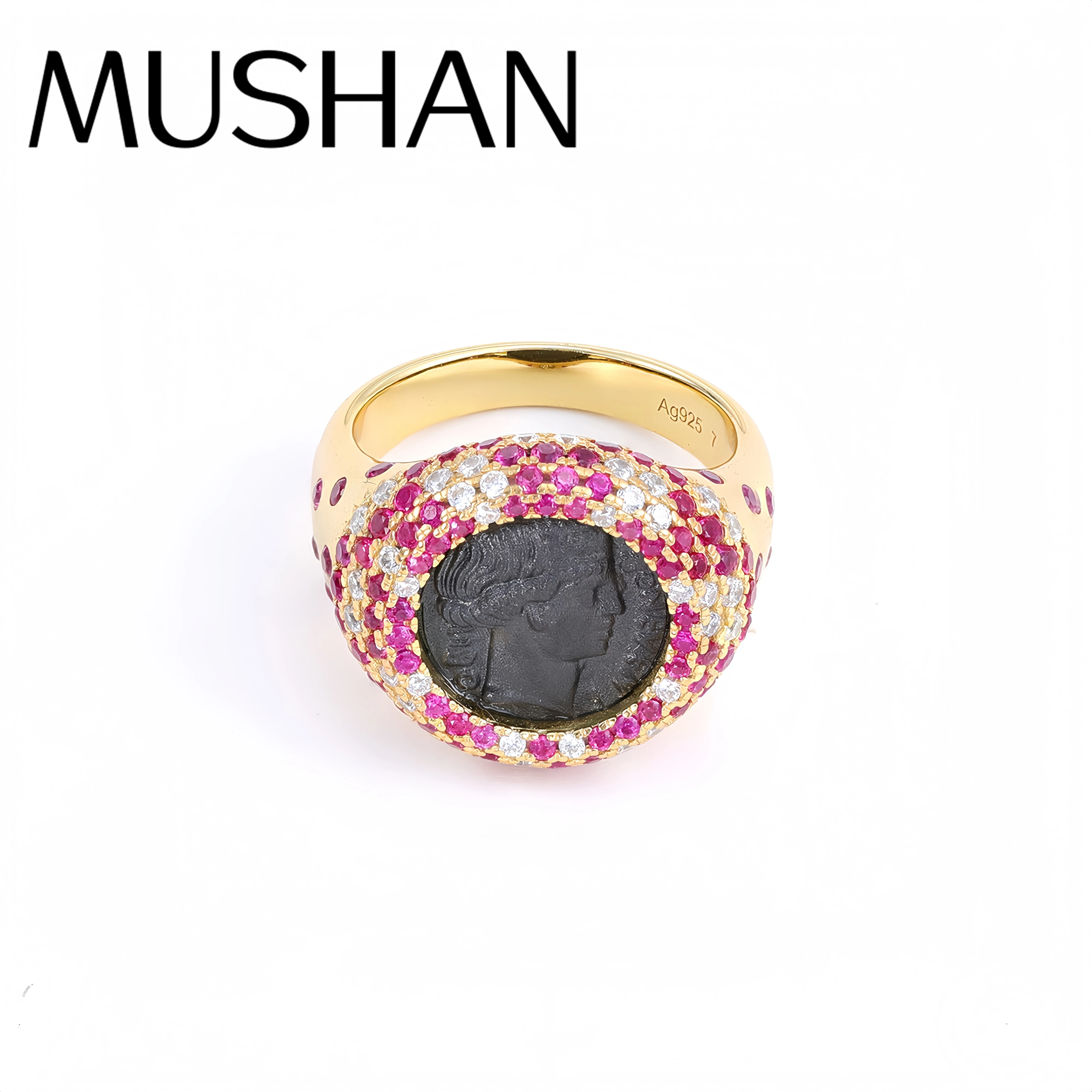 

Mushan Luxury Brand Full Diamond Inlaid Lucky Goddess Ancient Coin Ring S925 Sterling Silver Women Fashion Ring Jewelry
