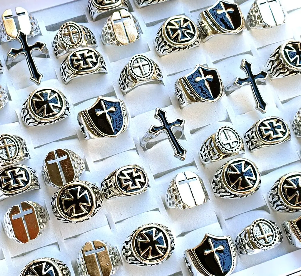 Wholesale 20/50pcs Assorted Religious Cross Ring Men Punk Gothic Metal Color Rings Vintage Women Party Jewelry