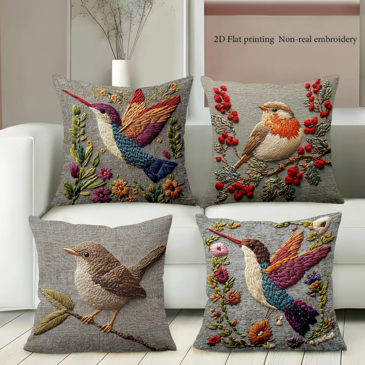 2D flat printing Embroidered Bird Floral Pattern Decorative Cushion Polyester pillowcase sofa decorative cushion cover