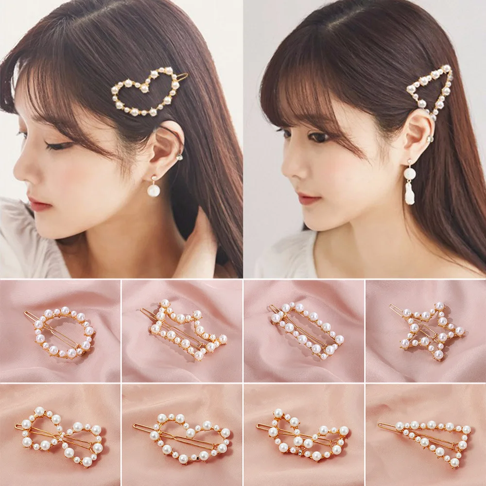 Korean Style Women Student Imitation Pearl Hair Clips Hollow Out Heart Crown Star Shaped Bobby Pins Side Barrettes