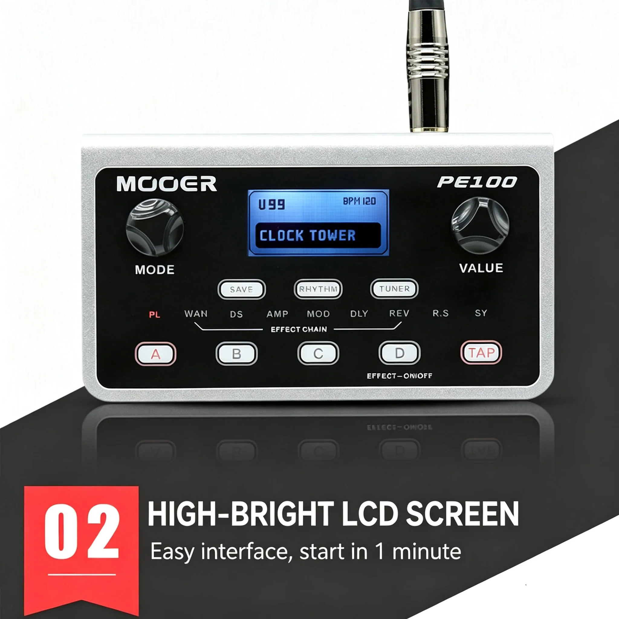 MOOER PE100 Portable Multi-Effects Processor – 39 Effects, 40 Drum Patterns, 99 Presets, Built-in Tuner, Battery/DC Powered