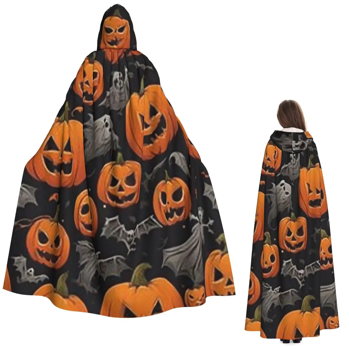 

Pumpkins Mushrooms And Frogs Long Hooded Cloak Witch Medieval Costume Cosplay Cape HalloweenCoat Adult Unisex
