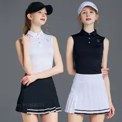 SG Women Summer Ruffle Sleeveless Polo Shirt Slim Ice Silk Golf Vest Ladies High Waist Pleated Skort Golf Anti-light Skirts Sets