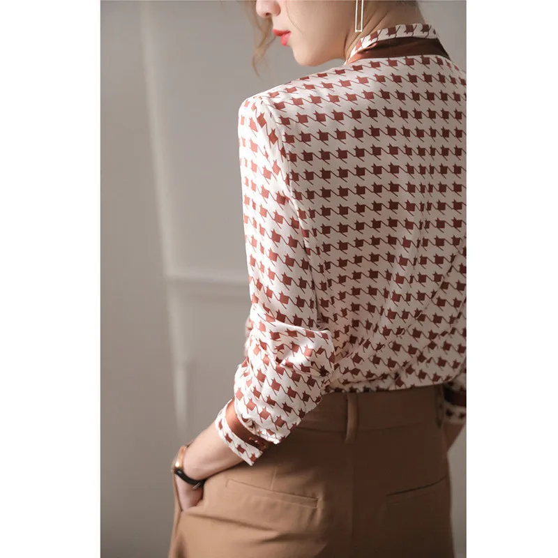 Houndstooth impressão moda elegante chique arco escritório senhora camisa primavera outono manga longa simples blusa topo roupas femininas