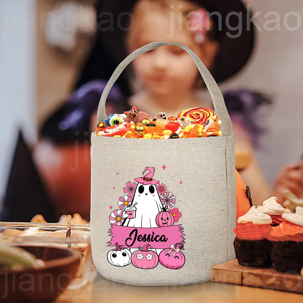 Personalized Trick or Treat Bag Custom Name Candy Bucket Bag Halloween Party Ghost Tote Bags Portable Cookie Basket Gift for Kid