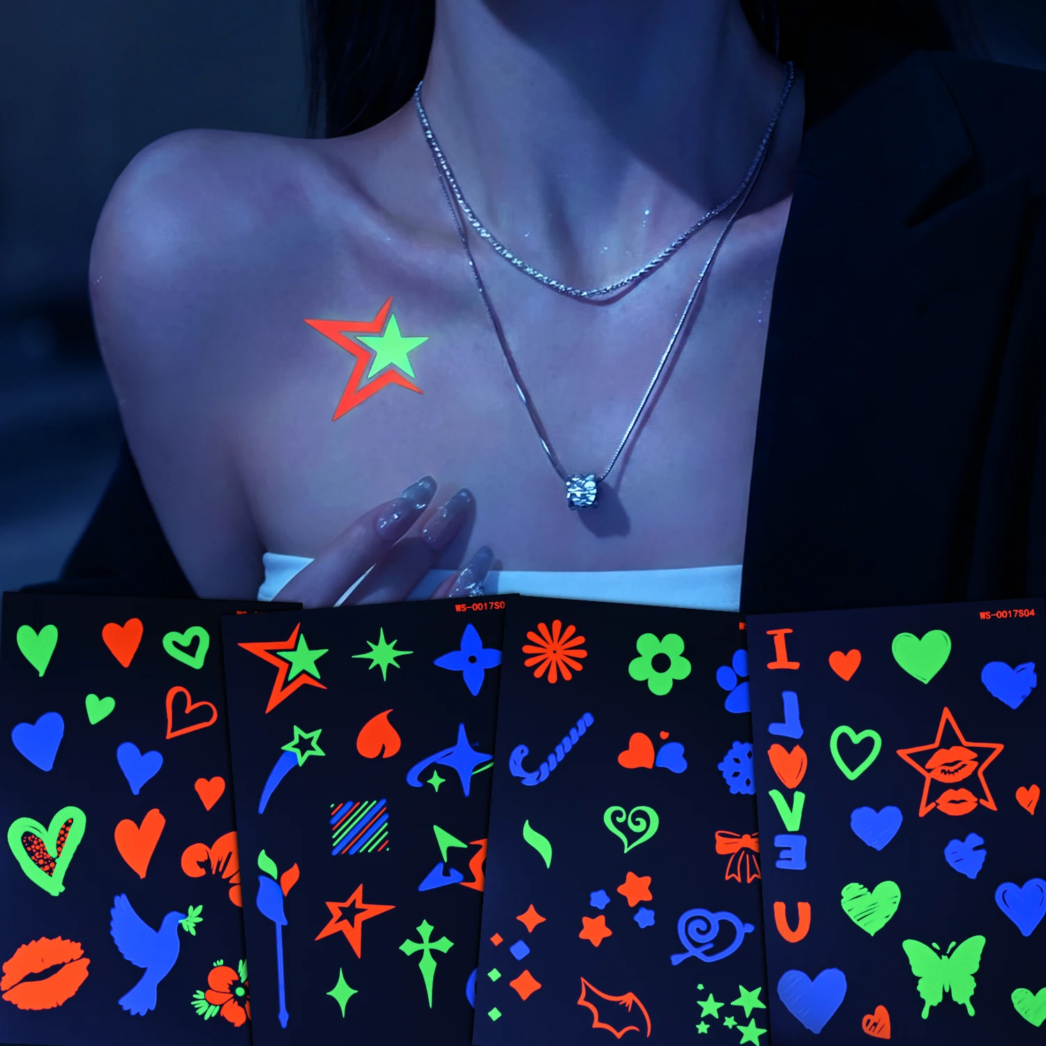 10 Sheets Neon Fluorescent Temporary Tattoo Stickers, Colorful Butterfly Bow Firework Flower UV Glow Tattoos for Festival Party