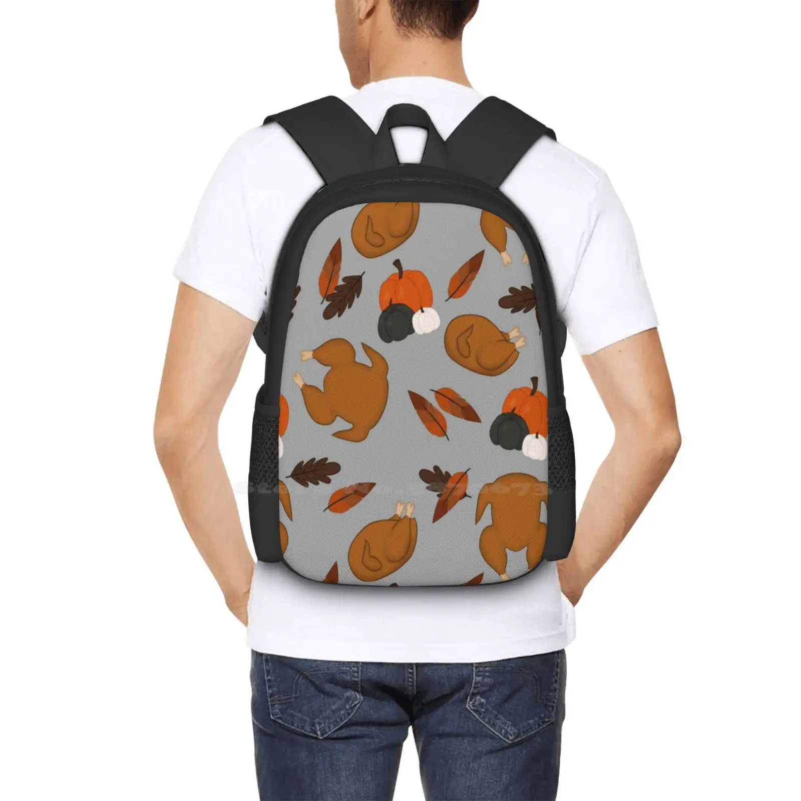 Thanksgiving Pattern com fundo cinza, Turquia Feather Leaf Design Bagpack, mochilas escolares, Solgalaxy Design