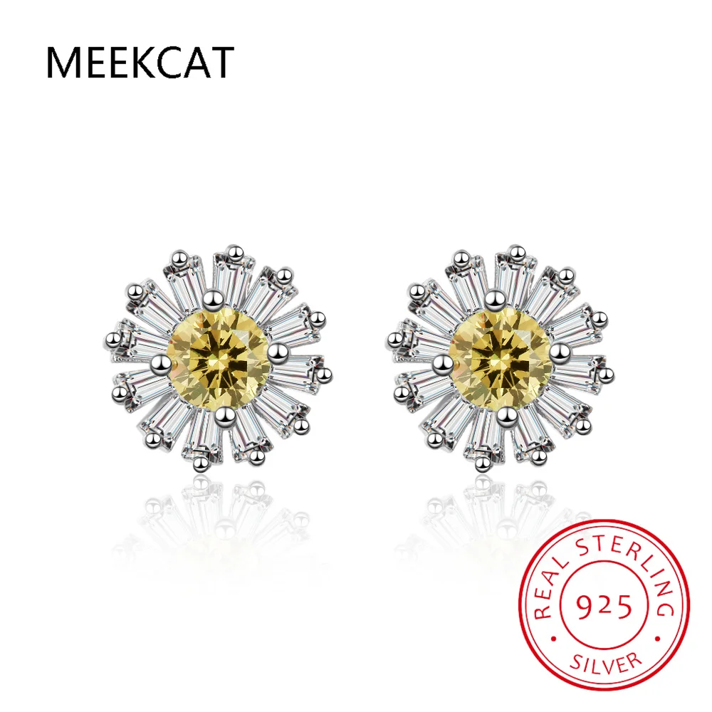 Round Cut Genuine Natural Yellow Citrine 925 Sterling Silver Sun flower Stud Earrings for Women Fashion Gemstone Jewelry