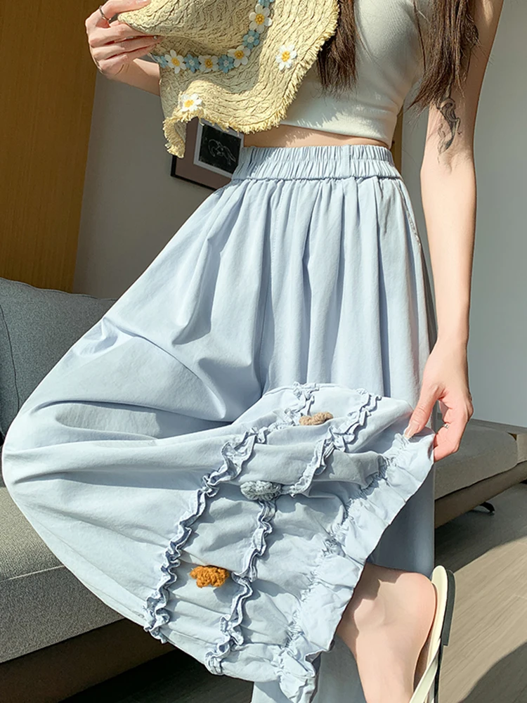 Sweet Casual Harem Pants Women Summer 3D Floral Ruffles Fashion Wide Leg Trouser Korean High Waist Loose Female Preppy Bloomers