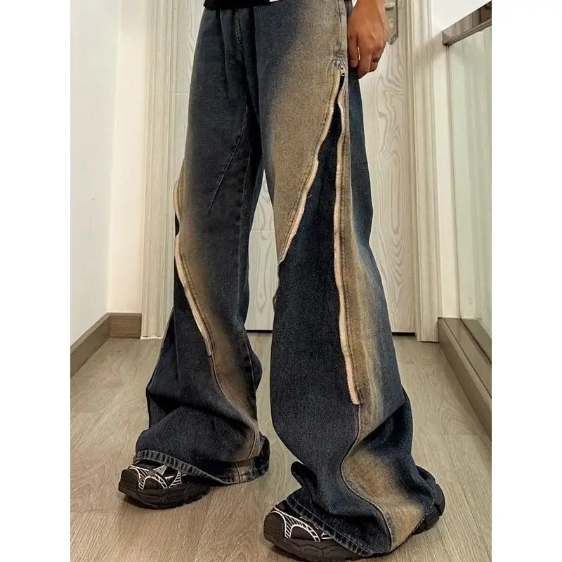 American retro high street washed straight leg jeans for men and women autumn personalized zipper design loose casual pants y2k