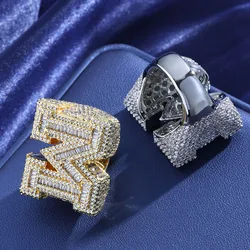 Luxury Hip Hop Fine Jewelry Customized Personalized Fully CZ Iced Out Rectangle Diamond Men Intital M Letter Rings 