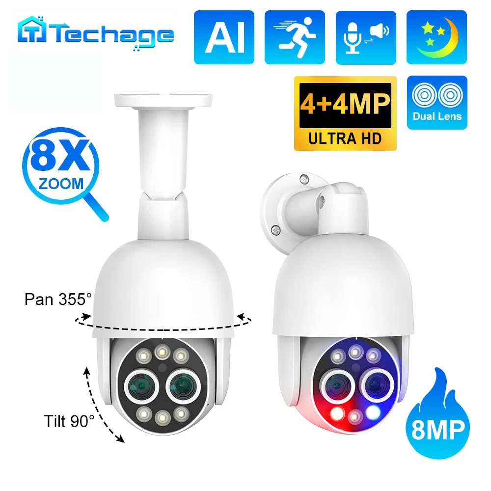 Techage 8MP 4K Cloud 8X Смешанный зум 2.8/12 мм Двуобъективная веб - камера POE автоматически отслеживает цветной ночной пейзаж
