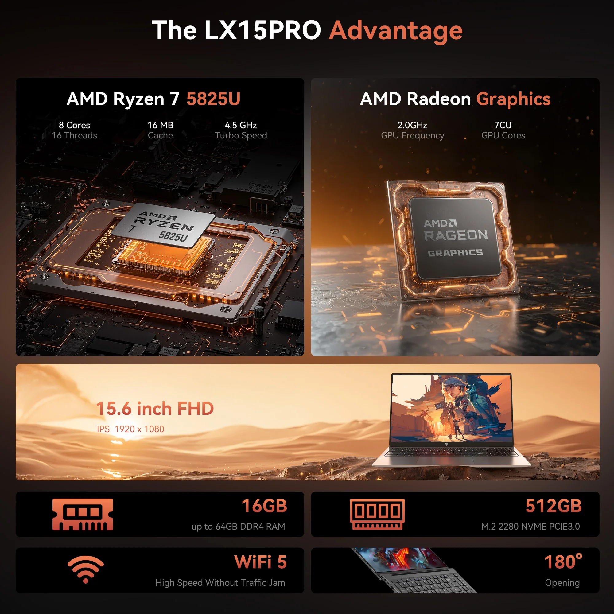 كمبيوتر محمول للألعاب من KARGERR AMD Ryzen 7 5825U Radeon RX Vega 8 Graphics شاشة 15.6 بوصة FHD وذاكرة وصول عشوائي 16 جيجابايت وذاكرة وصول عشوائي 1 تيرابايت NVMe SSD كمبيوتر محمول