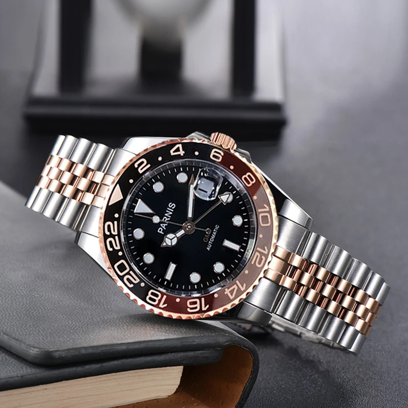 PARNIS Two Tone 40mm Rose Gold Root Beer Self Winding Men Watch Jubilee Bracelet Sapphire Crystal Screw Crown