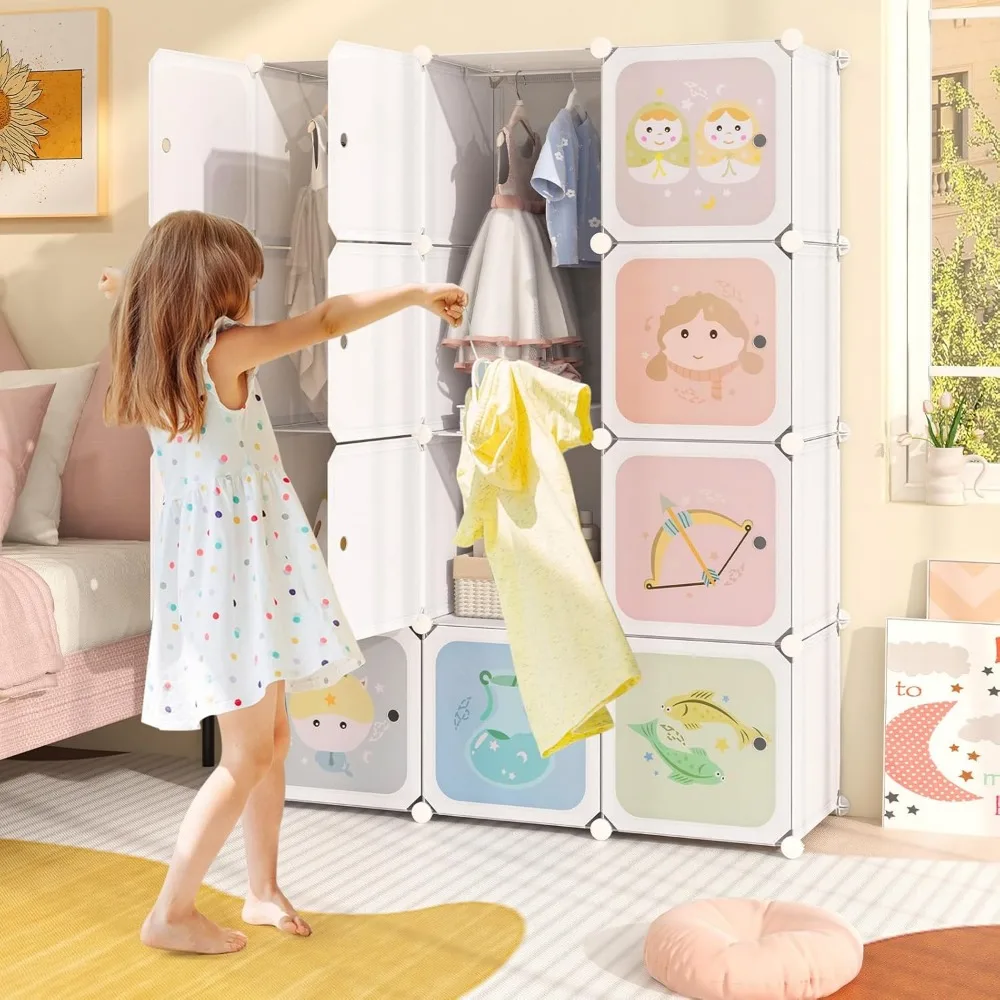 Armoire portable pour enfants avec portes, 12 cubes et 2 sections suspendues pour organisateur de rangement pour chambre d'enfant
