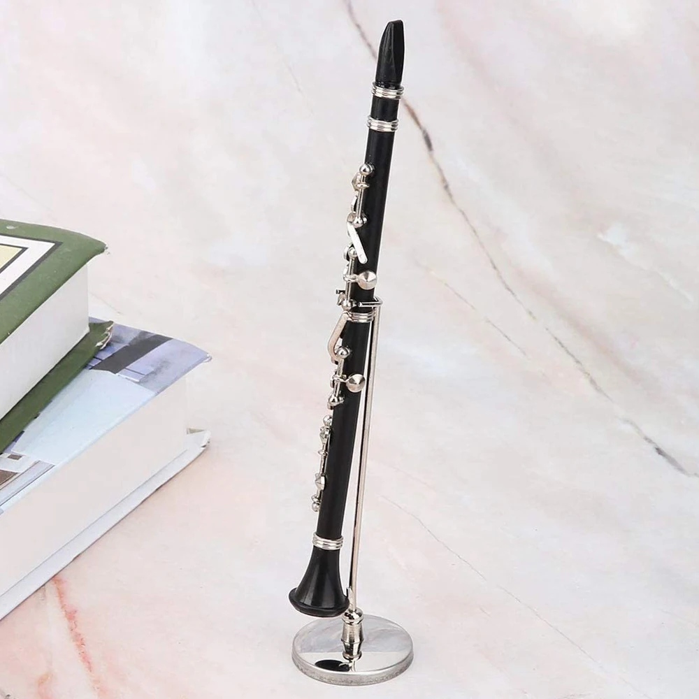 Mini clarinete modelo de instrumento Musical en miniatura, decoración de escritorio con soporte de caja de cuero negro