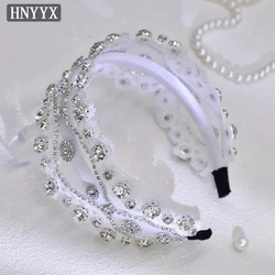 HNYX-Luxo Rhinestone Acessórios para o Cabelo, Casamento Noiva Branco Jóias Headpieces, dama de honra Headband para Meninas, Handmade Lace Headband, A218