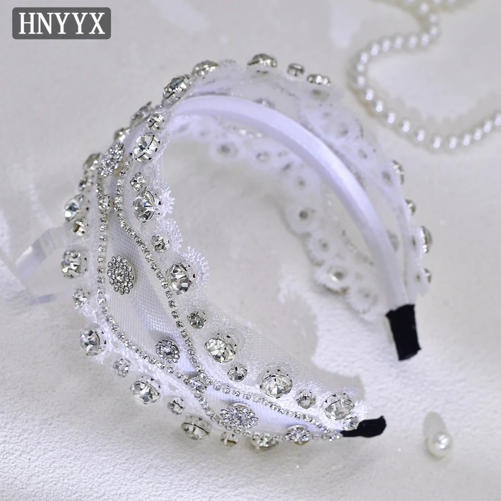 HNYYX Luxury Rhinestone Hair Accessories Wedding Bride White Jewelry Headpieces Bridesmaid Girls Handmade Lace Headband A218