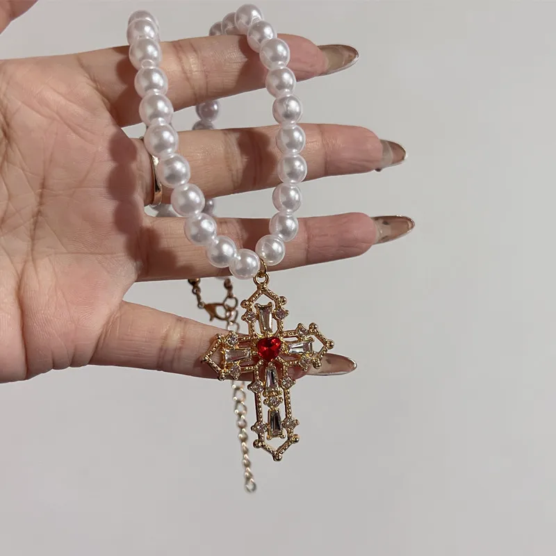 Vintage Red Rose Baroque Cross Pearl Pendant Necklace for Women's Palace Aesthetic Jewelry