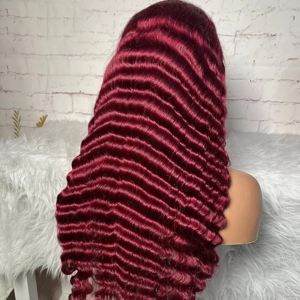 3B 3C #99J Deep Water Wave Lace Front Wigs Human Hair Pre Plucked Wig Burgundy for Women 200% Density 28 inch