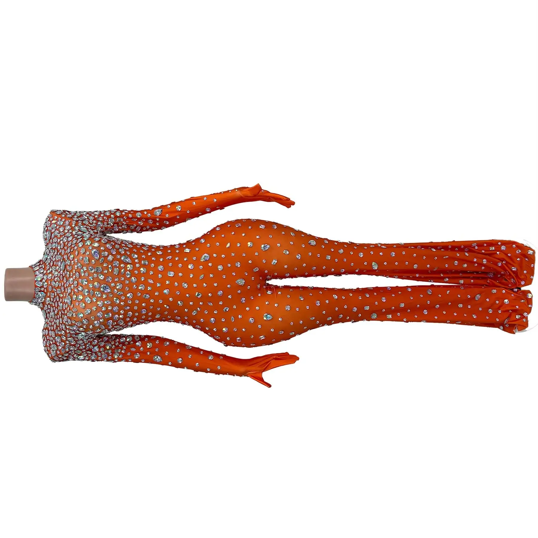 

Orange AB Rhinestone Gloved Flared Jumpsuit Nightclub Sheer Mesh Bodysuit Bar Singer Stage Performance Dance Costume Dashuijing
