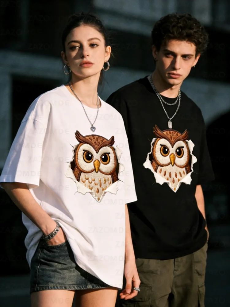 

ZAZOMDE Хлопковая футболка оверсайз с коротким рукавом и графическим принтом совы для мужчин и женщин, уличная одежда в стиле High Street, свободный крой, повседневная одежда