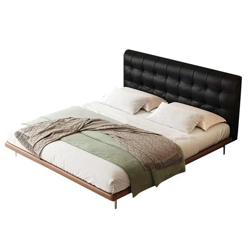 

Leather high end atmospheric master bedroom bed, modern simplicity, light luxury retro, flush edge solid wood leather art bed