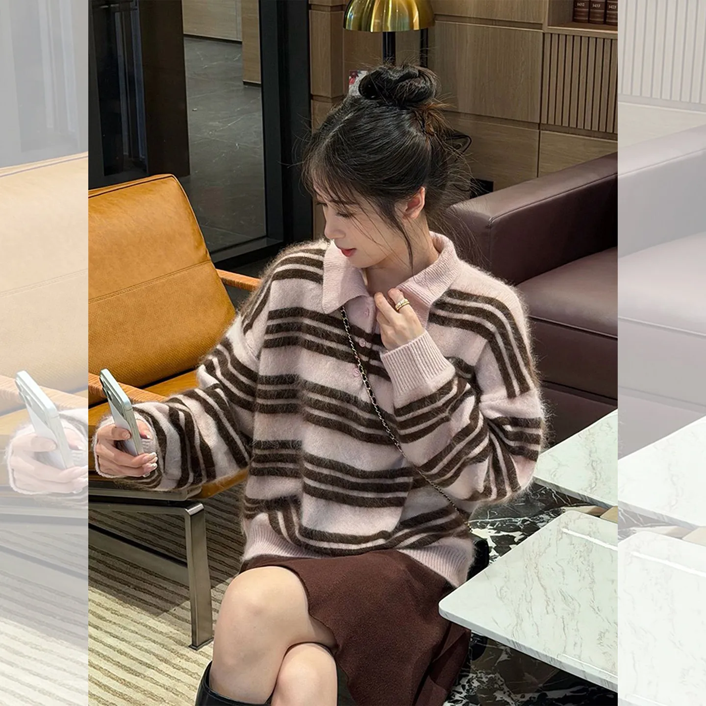 Pink coffee striped long-sleeved cashmere sweater sweater single wear inside the bottom niche