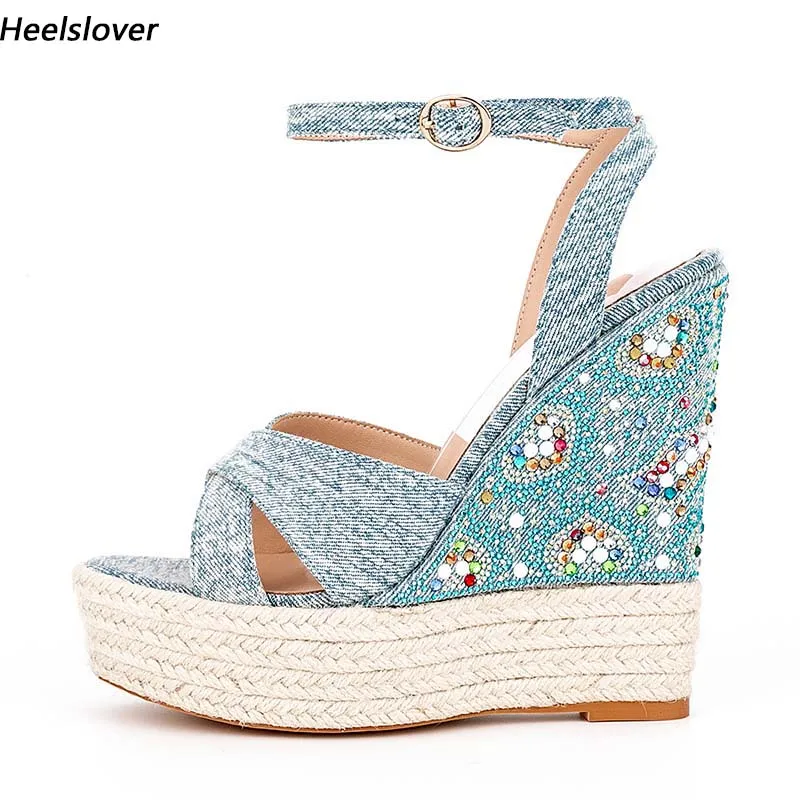 

Ahhlsion New Fashion Women Summer Sandals Wedges Heels Open Toe Pretty Blue Party Shoes Ladies US Size 5-13