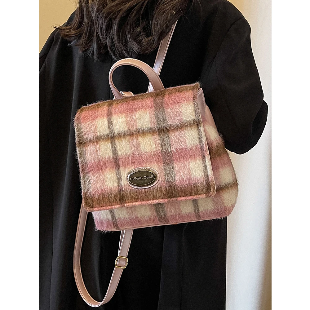 Vintage Women Tweed School Bags Contrast Striped Flap Stachels Shoulder Bag Large Capacity Female Versatile Commute Square Packs