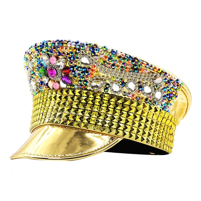 

Gold Captain for Wedding Fashion Flat Top Hat DanceParty Hat for Women Bride Fedora Hat Glitter Club Hat