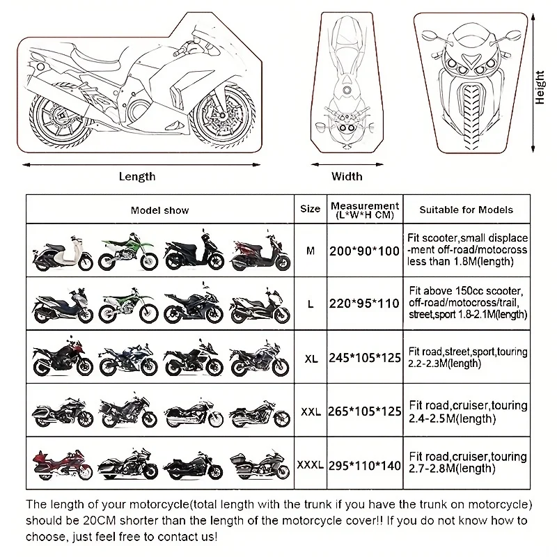 Tampa impermeável da motocicleta, proteção exterior e interior para motos e E-Bikes, proteção UV Dustproof, toda a temporada, 190T