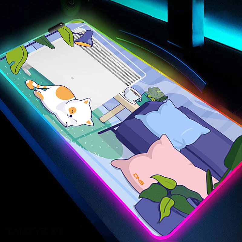 

RGB коврик для мыши, большой игровой коврик для мыши, милый кот, аксессуары для HD-печати, игровой резиновый коврик для мыши с подсветкой, светодиодный, нескользящий Настольный коврик